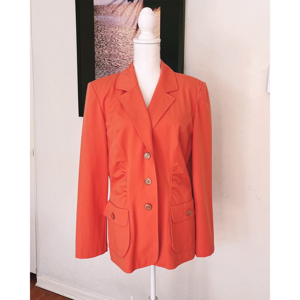 ST. JOHN SPORT Blazer Semi Fitted Jacket Deep Melon Orange Ruched With Pockets
